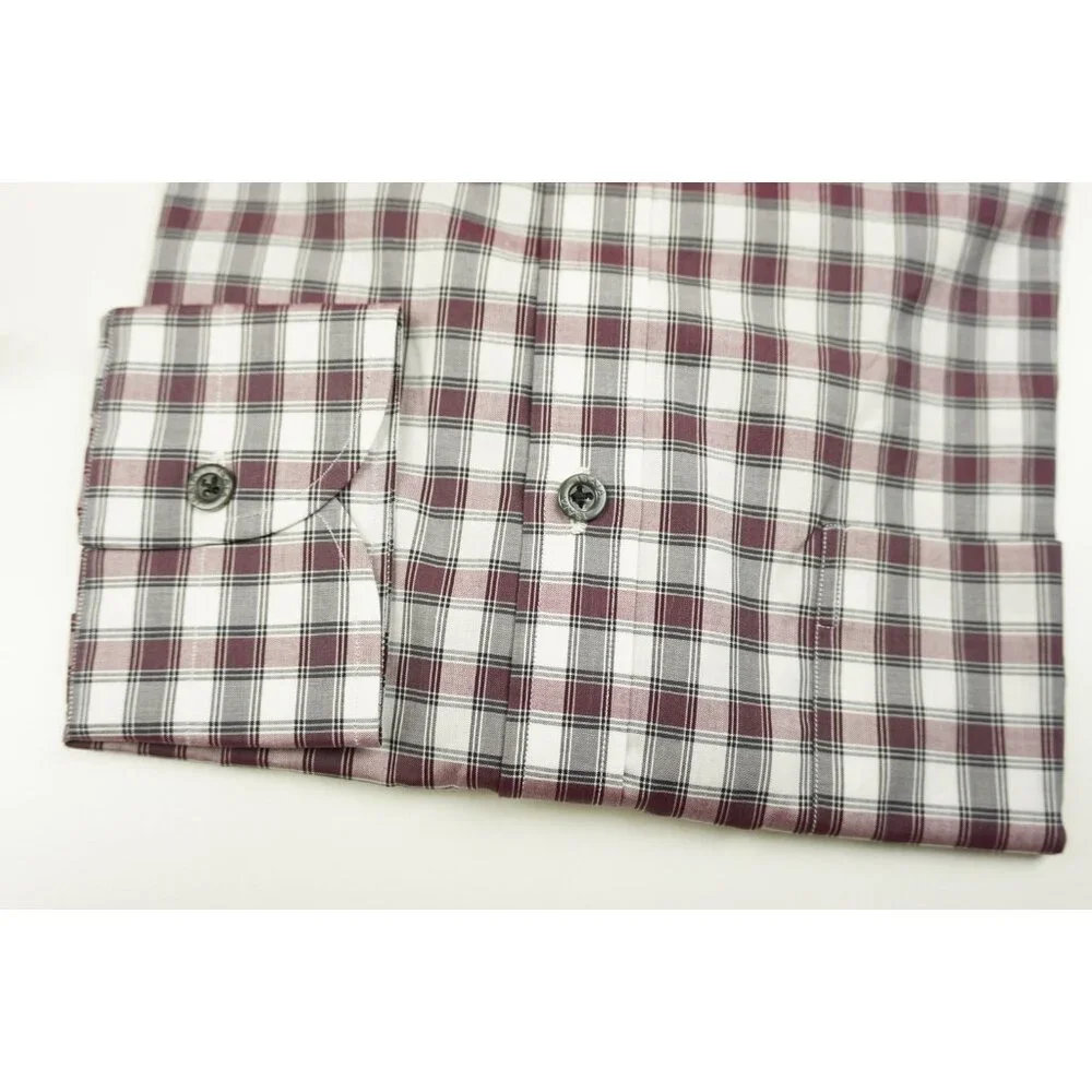 Isaia Merlot Red White Black Plaid Long Sleeve Cotton Dress Shirt 15.5/39 NEW - Picture 2 of 6
